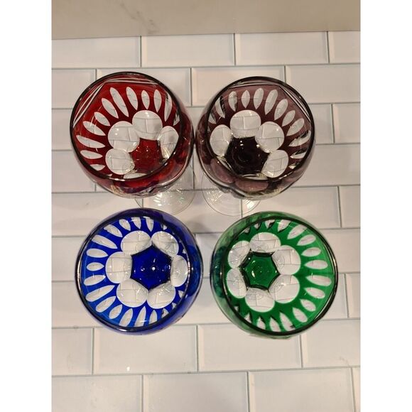 FIFTH AVENUE PRINCESS Set of 4 Cut-To-Clear Wine Goblets Green-Purple-Blue-Red - Picture 13 of 16
